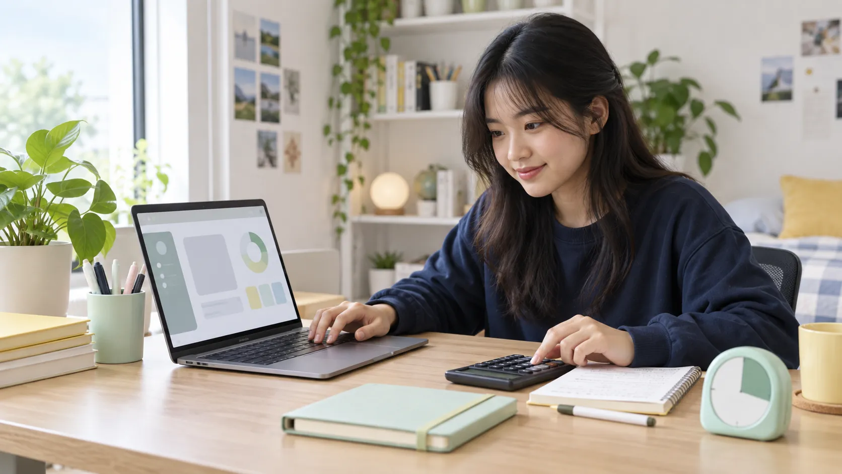 Sinh viên dùng laptop, máy tính và đồng hồ tập trung tại bàn học