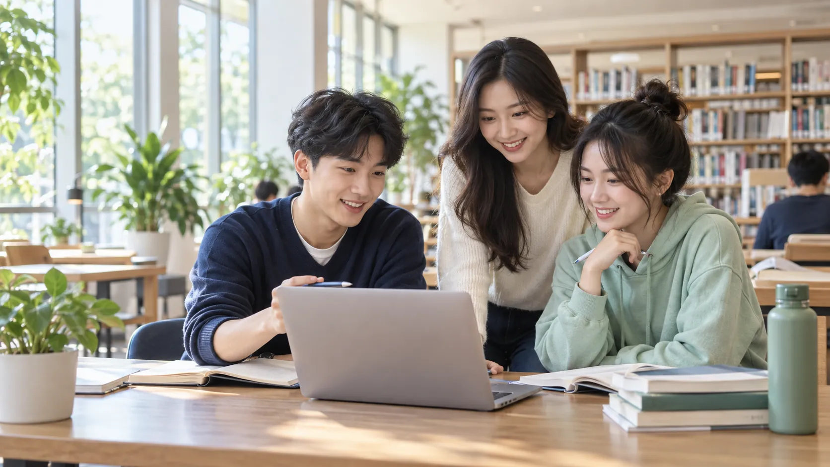 Ba sinh viên cùng trao đổi bài học bên laptop trong thư viện